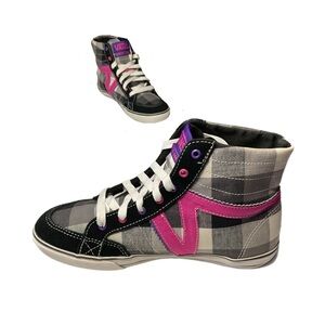 VANS MISSY SK8 Hi Top Sneakers Black & White Plaid with Pink Accent Sz 5 women’s